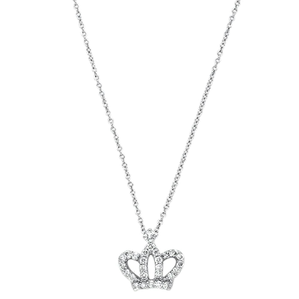 14kt White Gold Round Diamond Crown Princess Pendant Necklace
