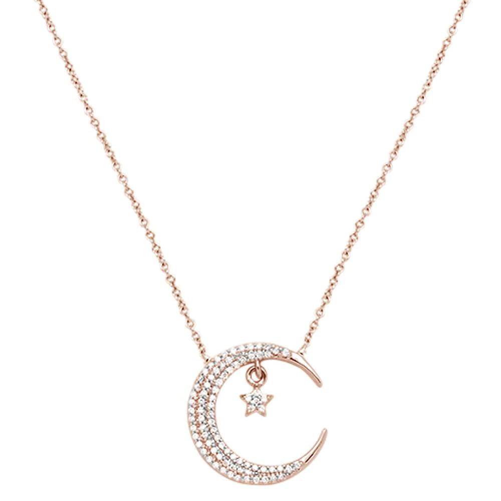 14k Rose Gold Crescent Moon Star Diamond Pendant Necklace