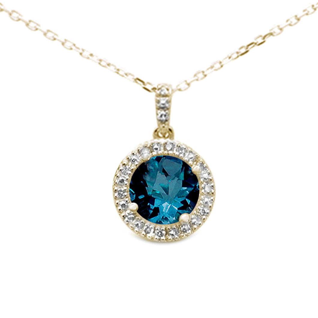 14K Yellow Gold Blue Topaz Gemstone & Diamond Pendant Necklace