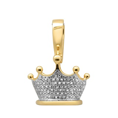 10K Yellow Gold Diamond Men's Micro Pave Iced Out Crown Charm Pendant