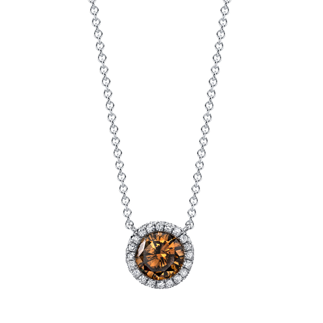 18k White Gold Round Brown Diamond Pendant with 2 Sided Micro Pave Halo on a Diamond Chain