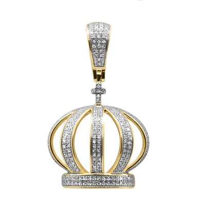 10K Yellow Gold Diamond Micro Pave Men's Cross Crown Iced Out Charm Pendant