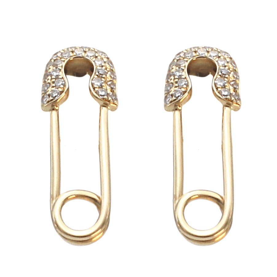 14K Yellow Gold Diamond Safety Pin Stud Earrings