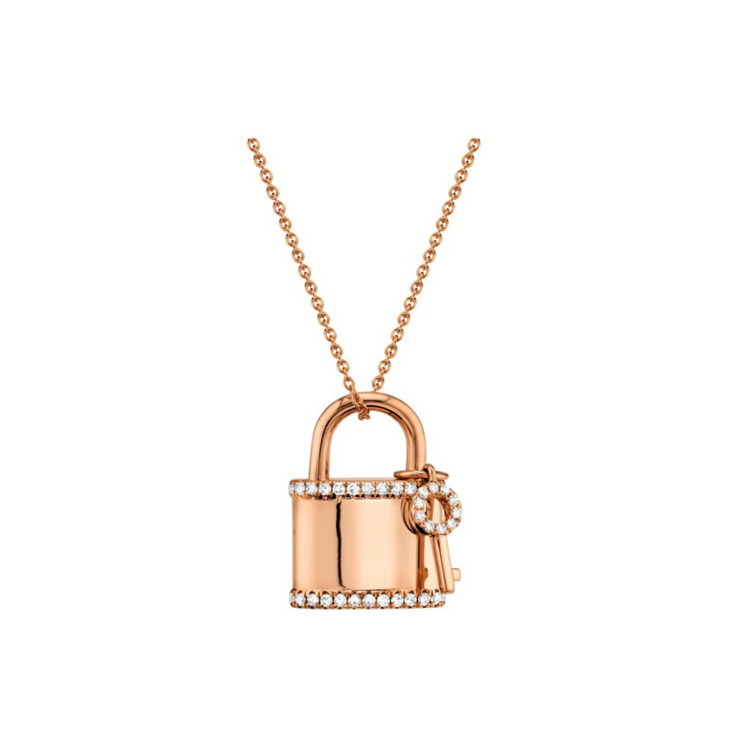 14K Rose Gold Diamond Lock & Key Necklace