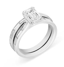 Load image into Gallery viewer, 18K White Gold Emerald Diamond Ring Small Channel Baguette 2-Piece Set
