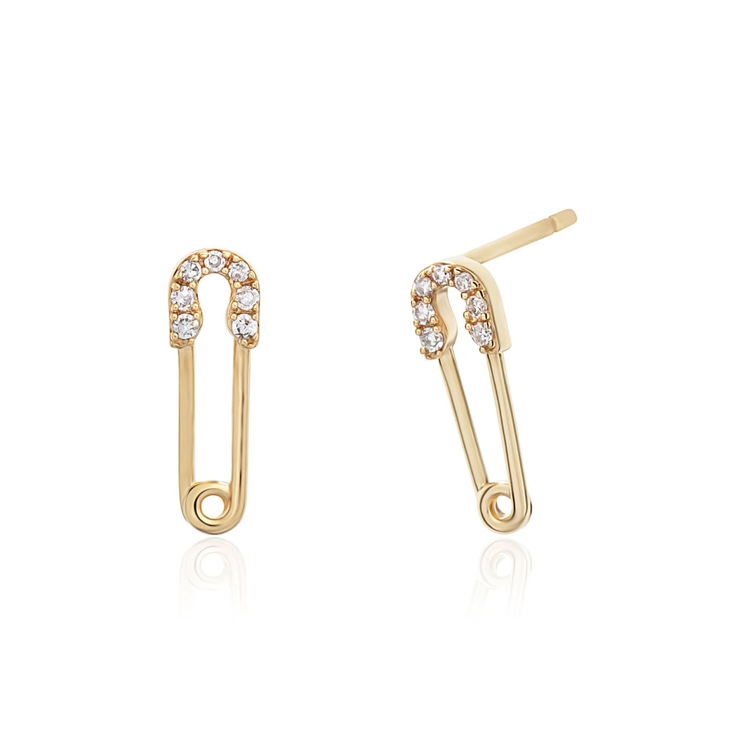 14K Yellow Gold Diamond Safety Pin Earrings